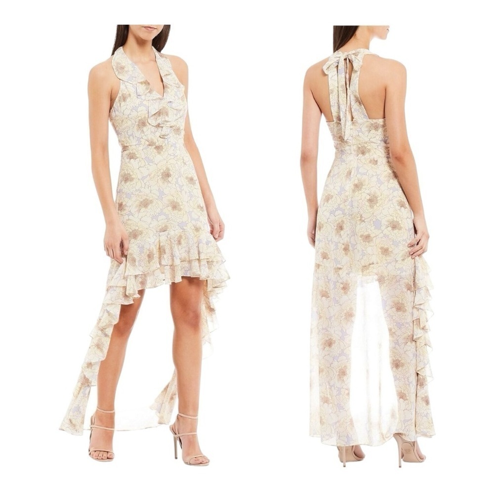 Badgley Mischka Belle 'Naty' Halter V-Neck Ruffle Hi-Low Floral Dress. Size 4.
